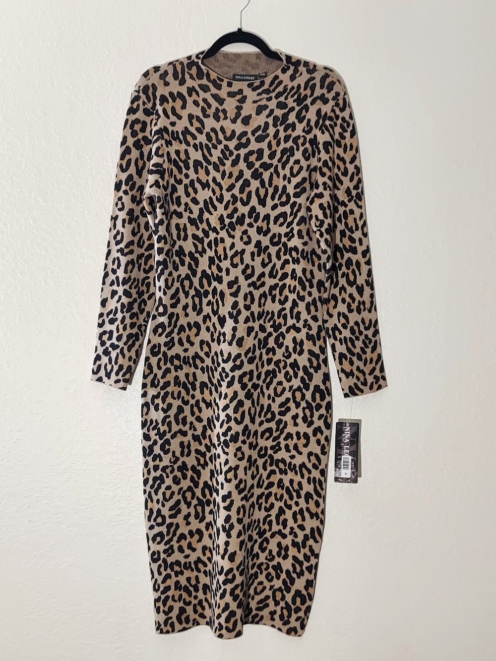 NINA LEONARD Leopard Print Black/Beige Long Sleeve Sweater Dress WM Size L NWT